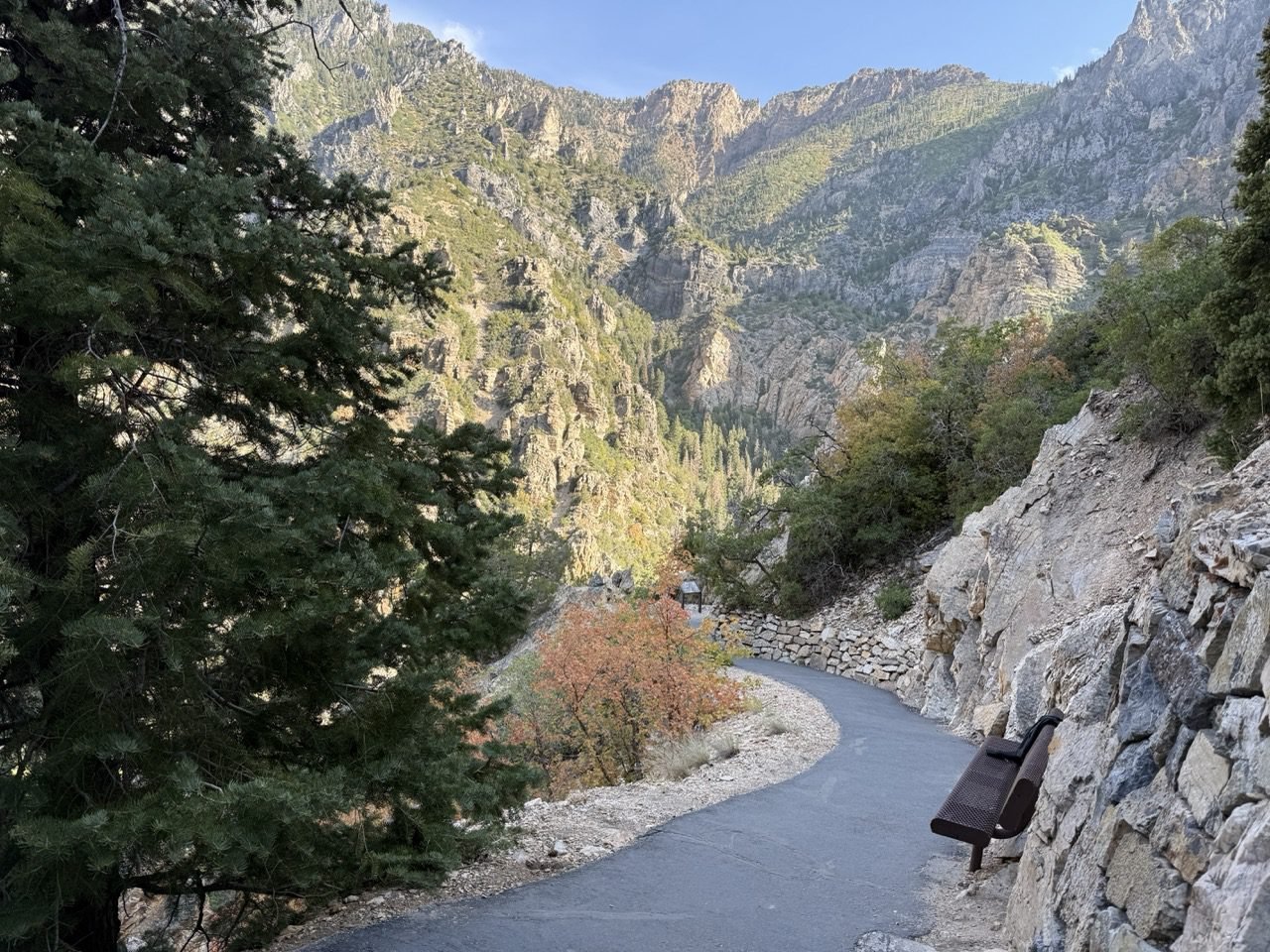 Paved trail switchbacking up to Timpanogos Cave